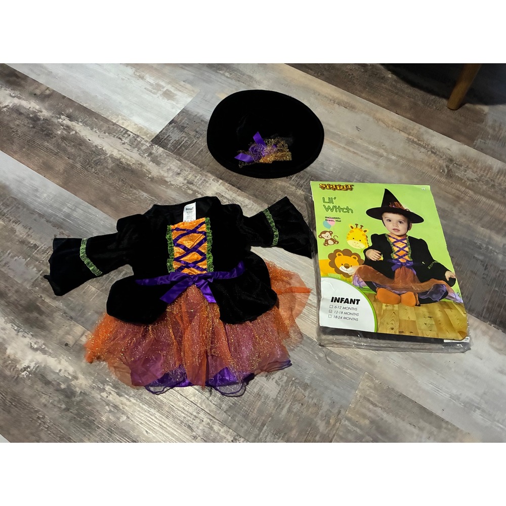 Spirit Halloween Lil Witch Infant Costume Dress and Hat Set Black Orange 12-18M